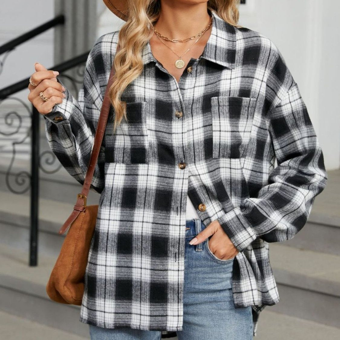 Casual Plaid Button Front Shirt with Chest Pockets for Women