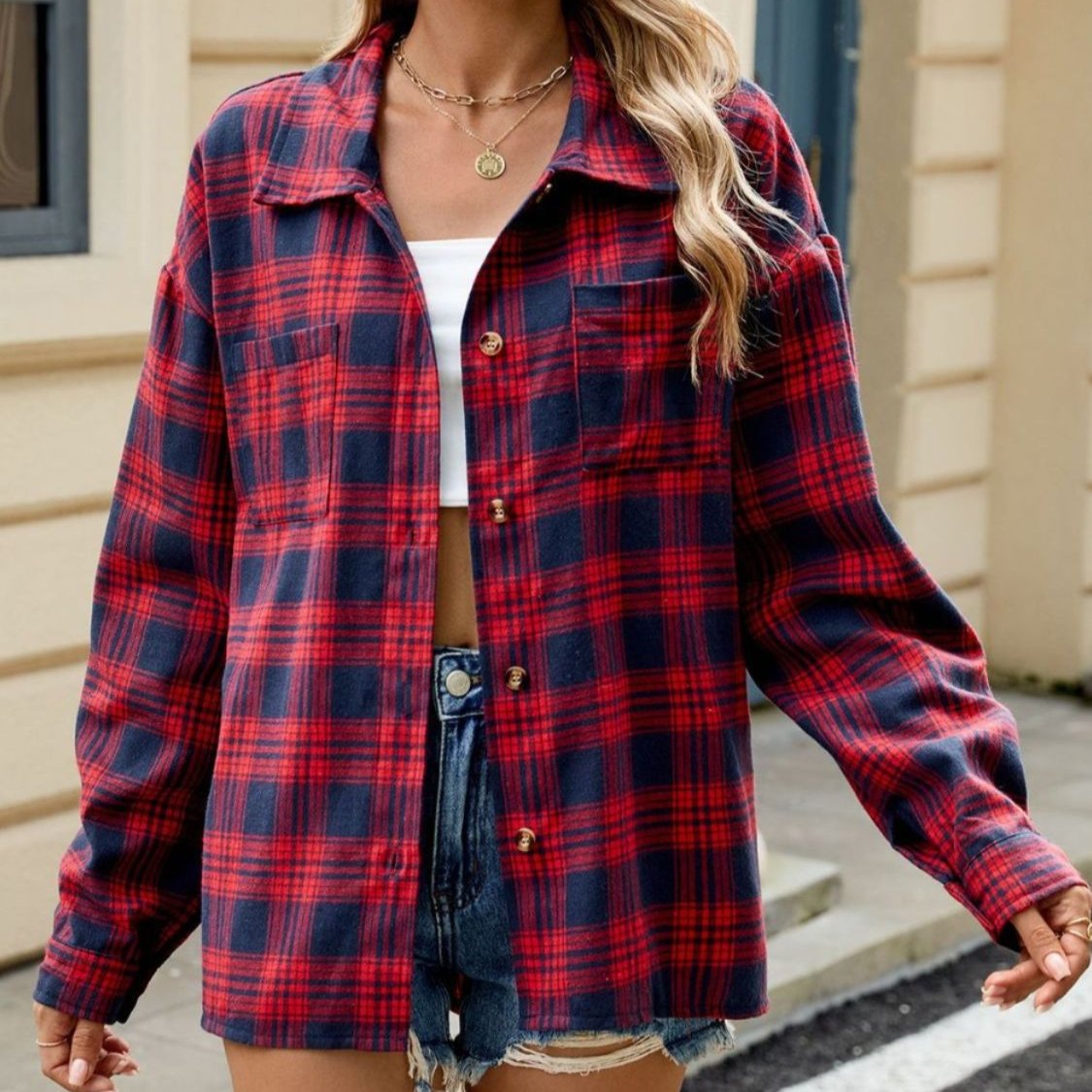 Casual Plaid Button Front Shirt with Chest Pockets for Women