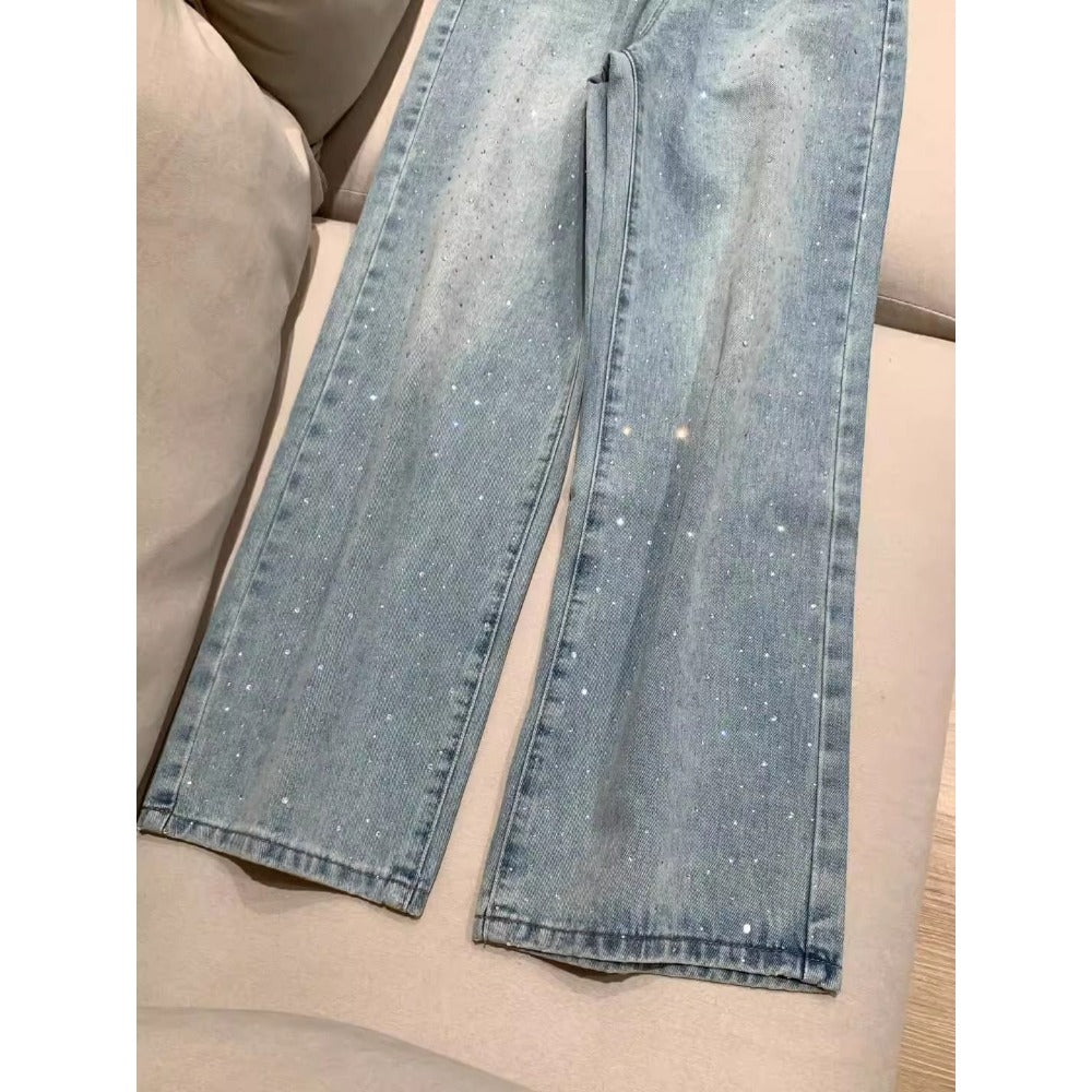 Light Blue High Waist Wide Leg Rhinestone Jeans for Women - Ursula