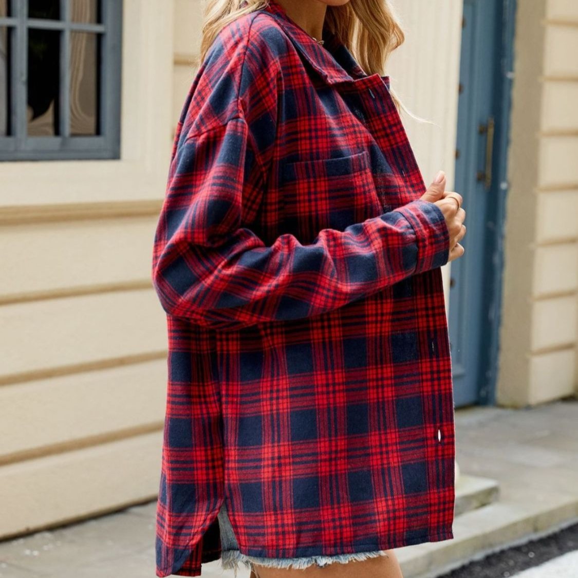 Casual Plaid Button Front Shirt with Chest Pockets for Women