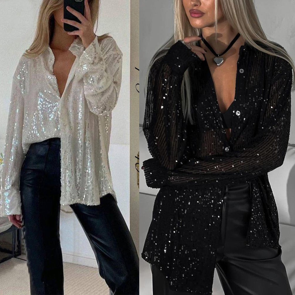 Sequin Button Up Long Sleeve Shirt for Women - Olga