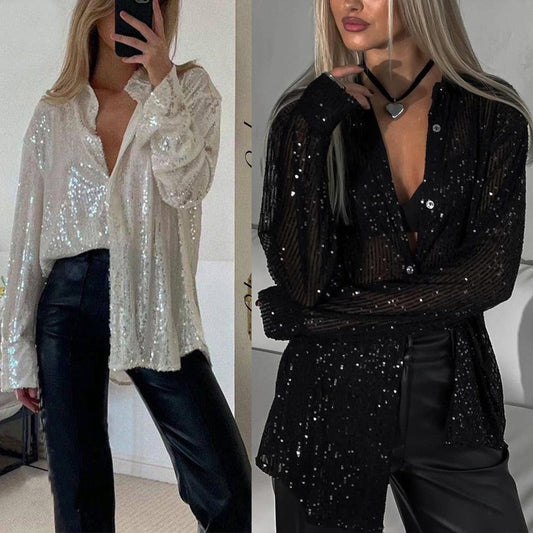 Sequin Button Up Long Sleeve Shirt for Women - Olga