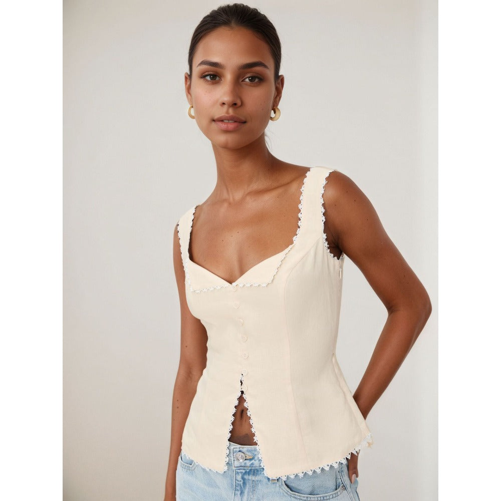 Button Down Sleeveless Top with Lace Trim for Women - Cosima