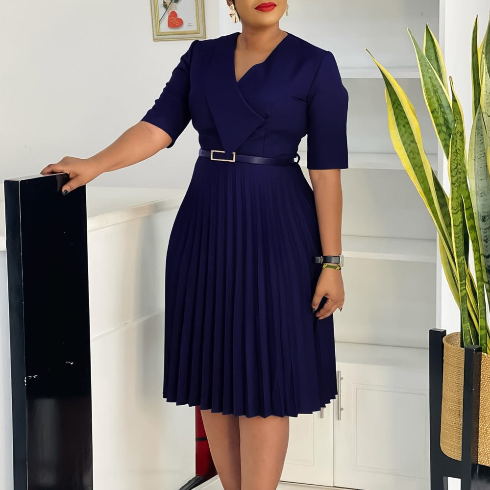 Pleated Knee Length Plus Size Dress for Women - Roberta