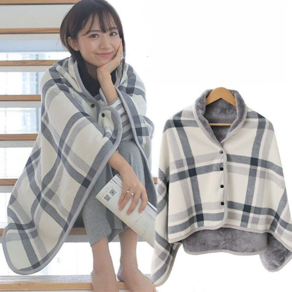 Plaid Fleece Poncho Cape with Buttons for Women - Lara