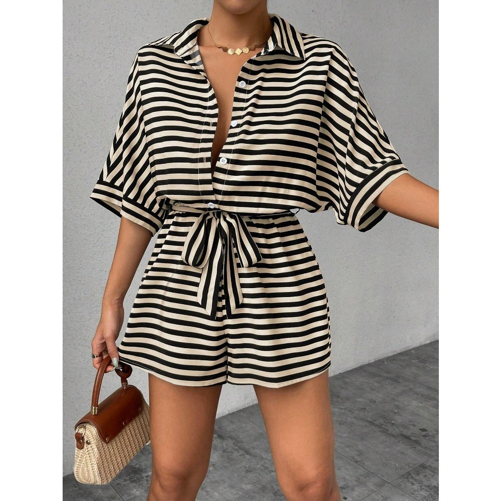 Striped Short Sleeve Belted Romper for Women - Teresa