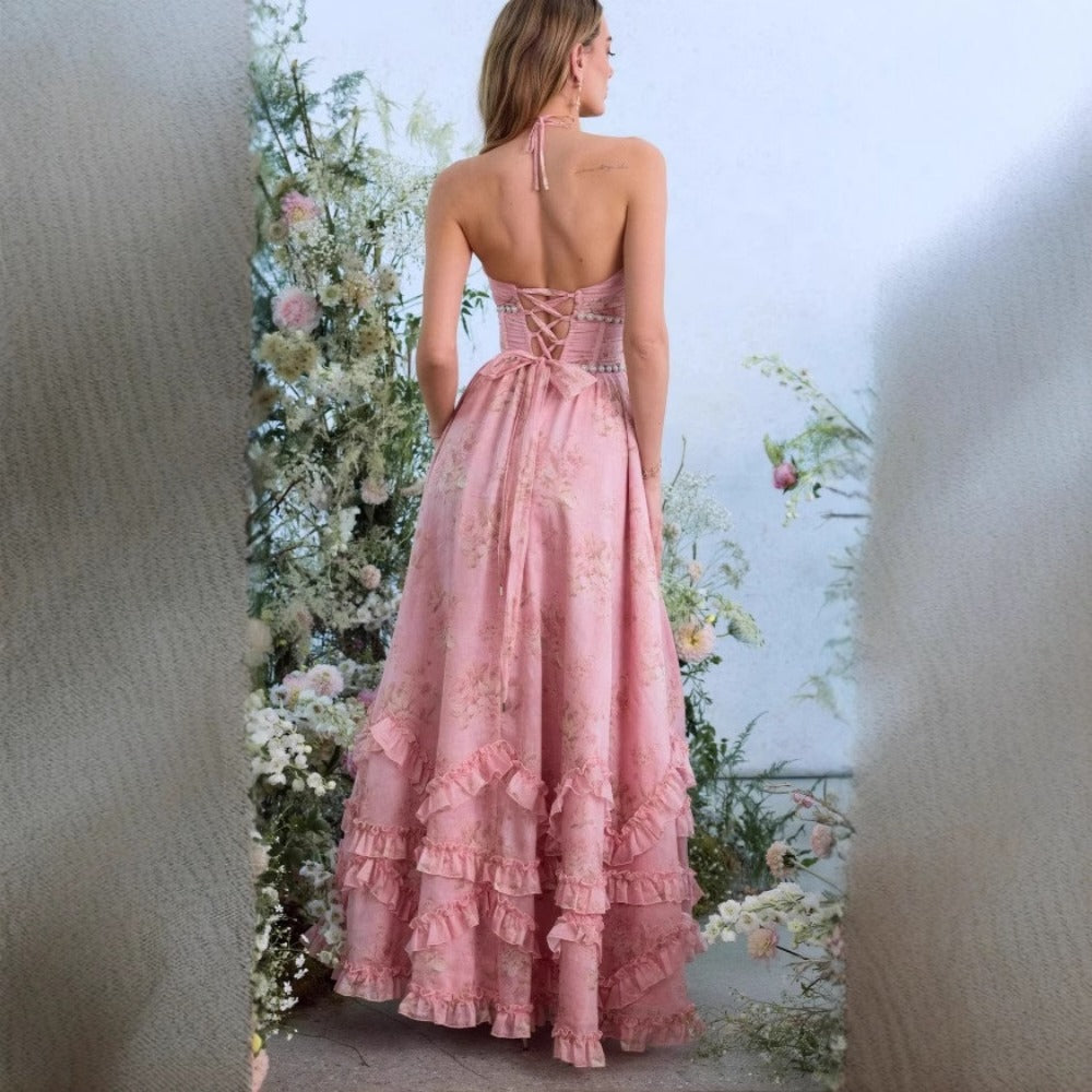 Floral Maxi Dress with Halter Neck and Side Slit for Women - Donatella