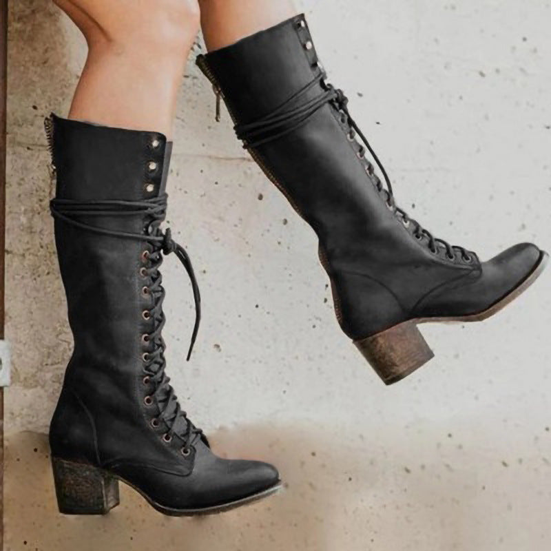 Women’s Knee High Leather Boots with Lace Up and Side Zip