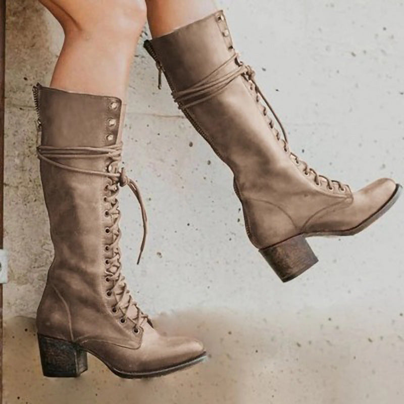 Women’s Knee High Leather Boots with Lace Up and Side Zip