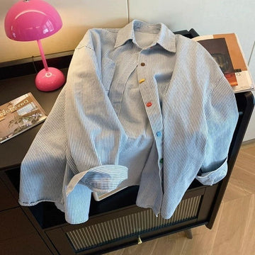 Light Blue Striped Button Down Shirt for Women - Eugenia