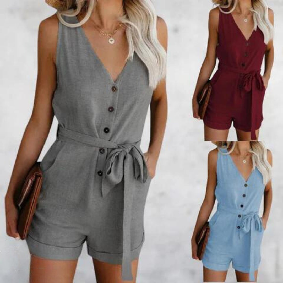 Soft Casual V-Neck Romper with Sleeves for Women