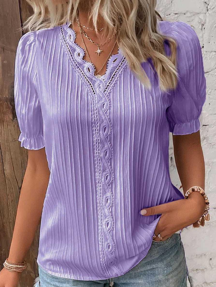 Textured V-Neck Blouse with Short Sleeves for Women