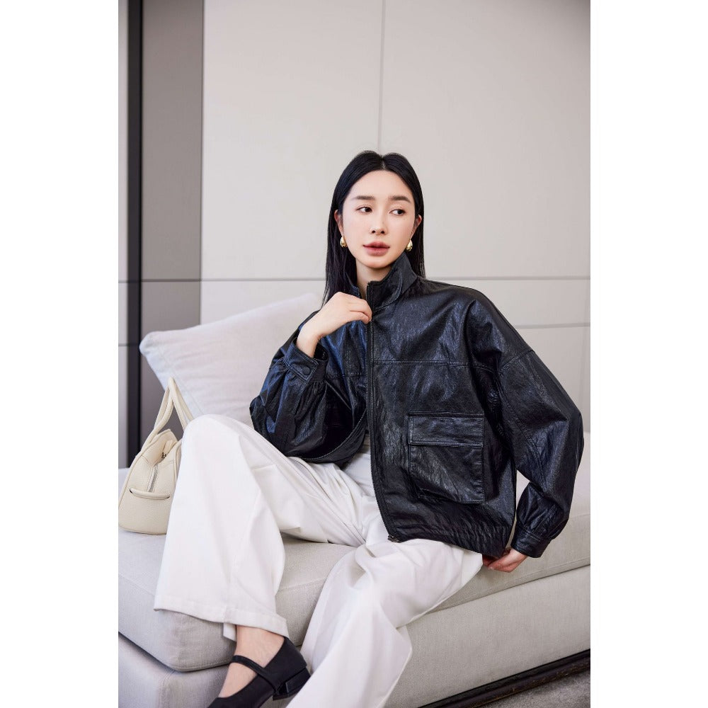 Faux Leather Zip Up Jacket with Pockets for Women - Elide