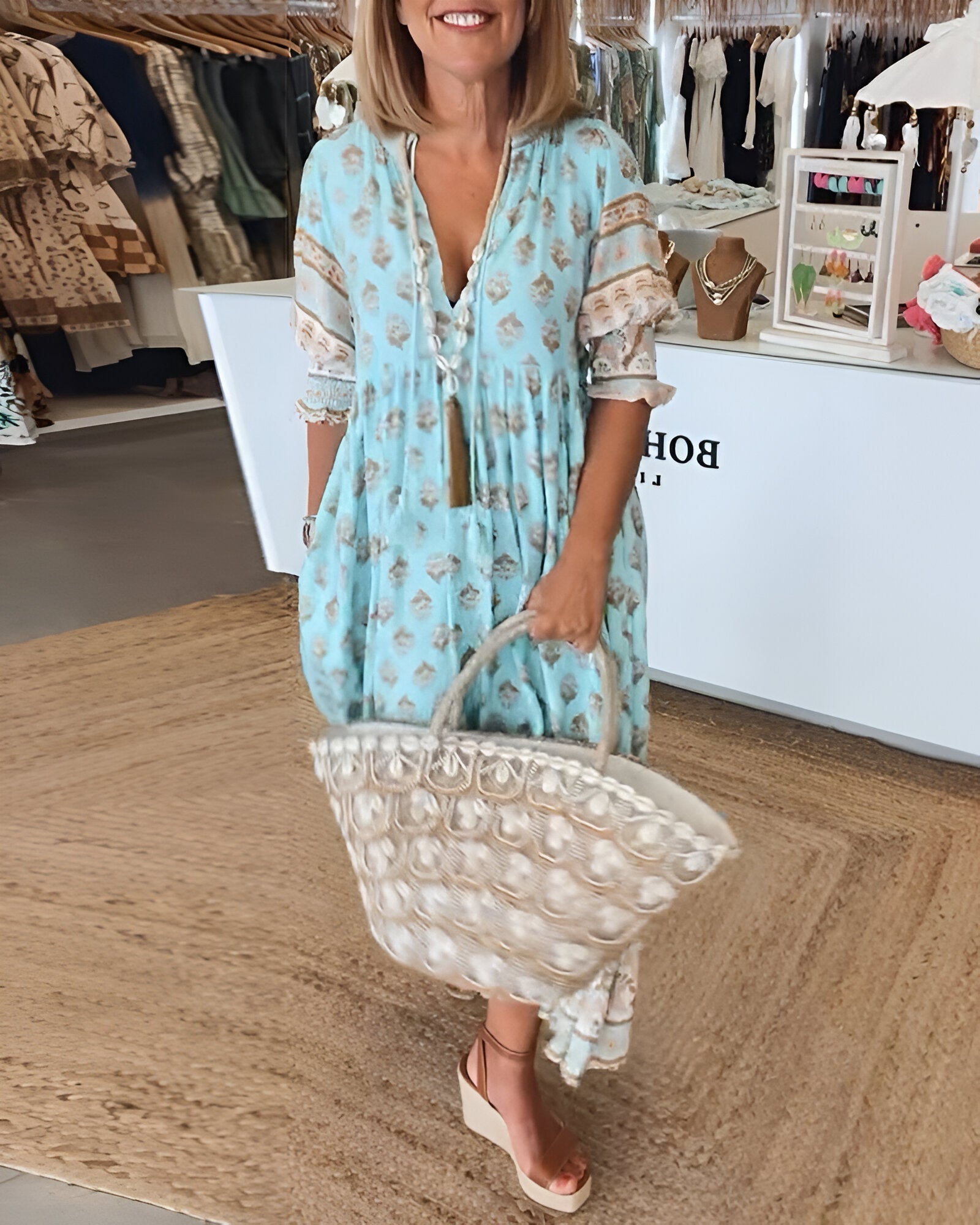Boho-Style Floral V-Neck Maxi Dress for Women