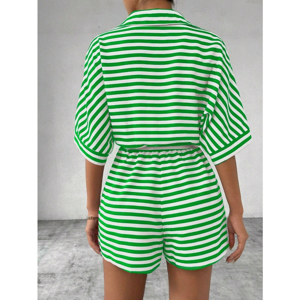 Striped Short Sleeve Belted Romper for Women - Teresa