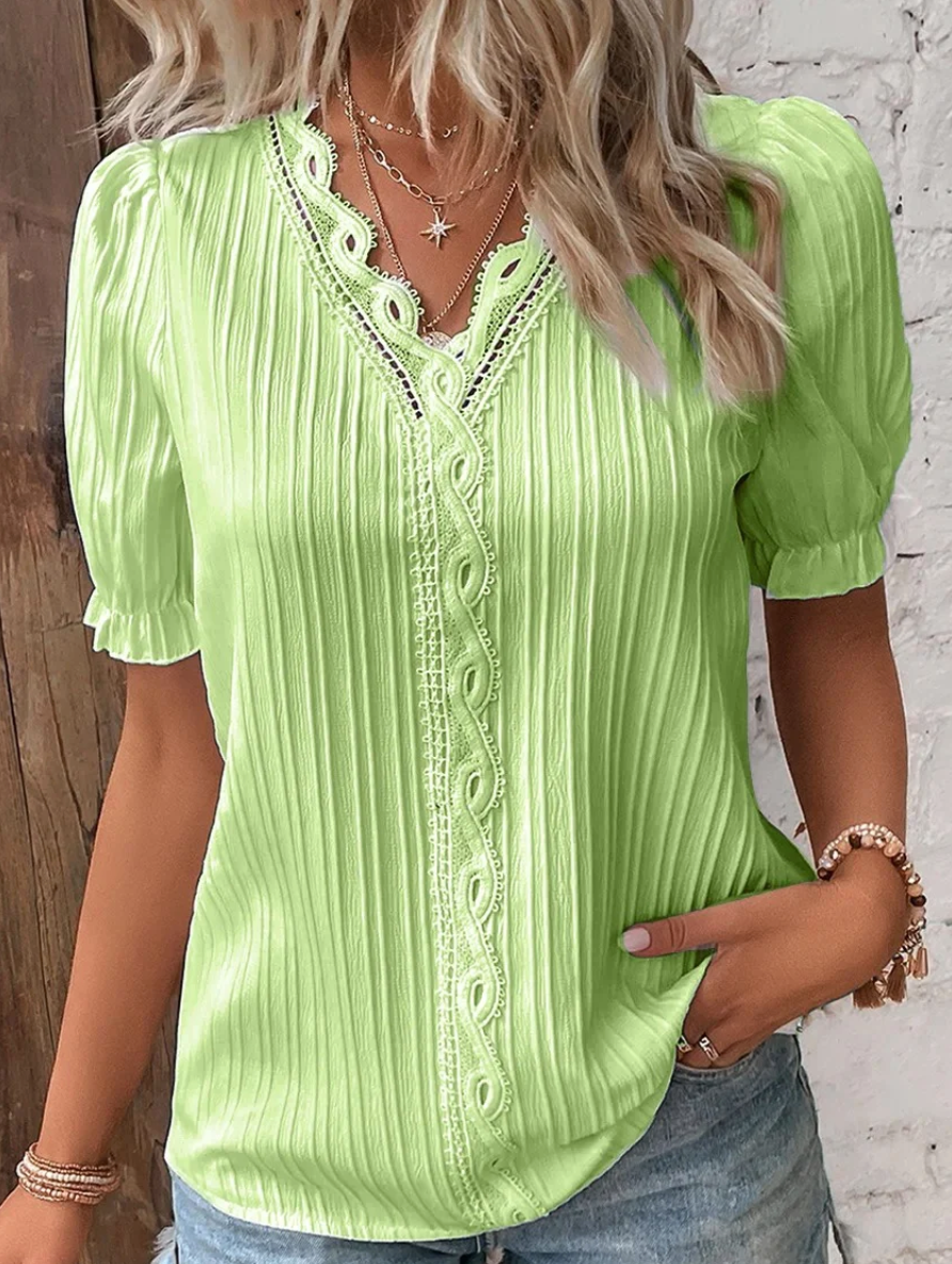 Textured V-Neck Blouse with Short Sleeves for Women