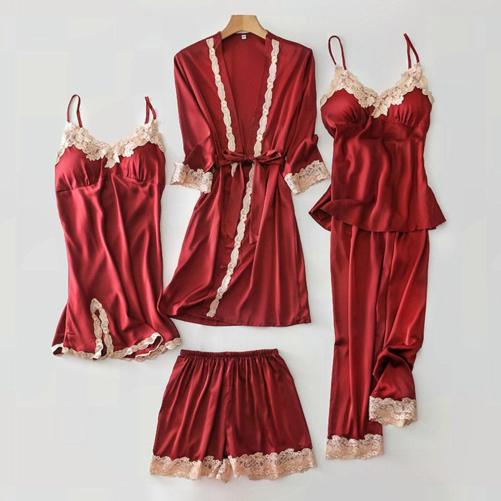 Satin Sleepwear Set with Lace Trim for Women - Marusca
