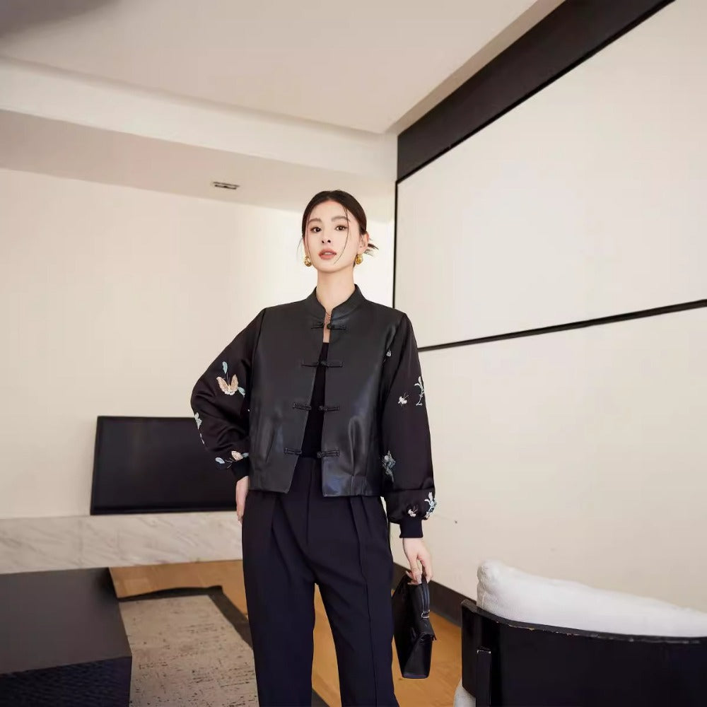 Black Faux Leather Jacket with Embroidered Sleeves for Women - Genziana