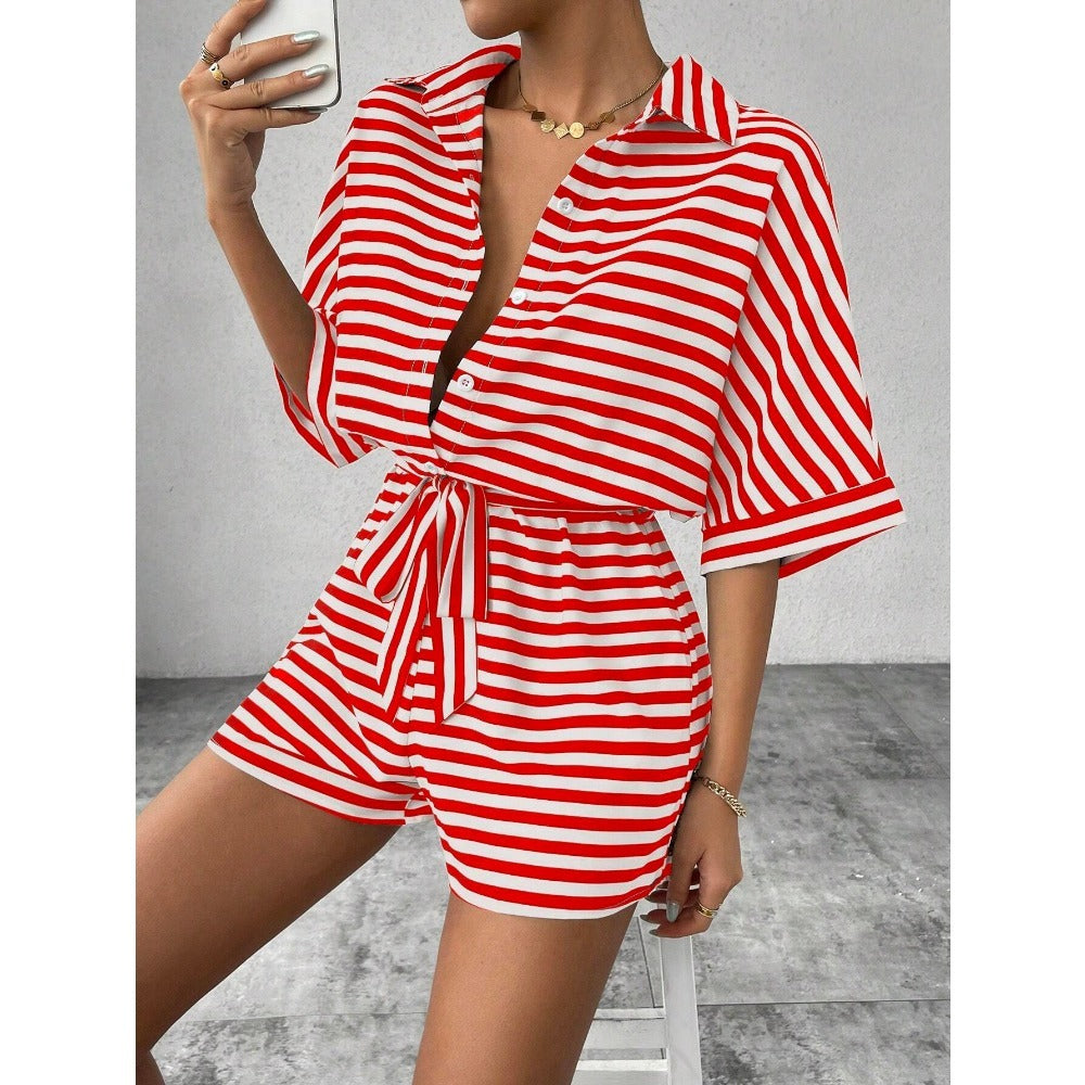 Striped Short Sleeve Belted Romper for Women - Teresa