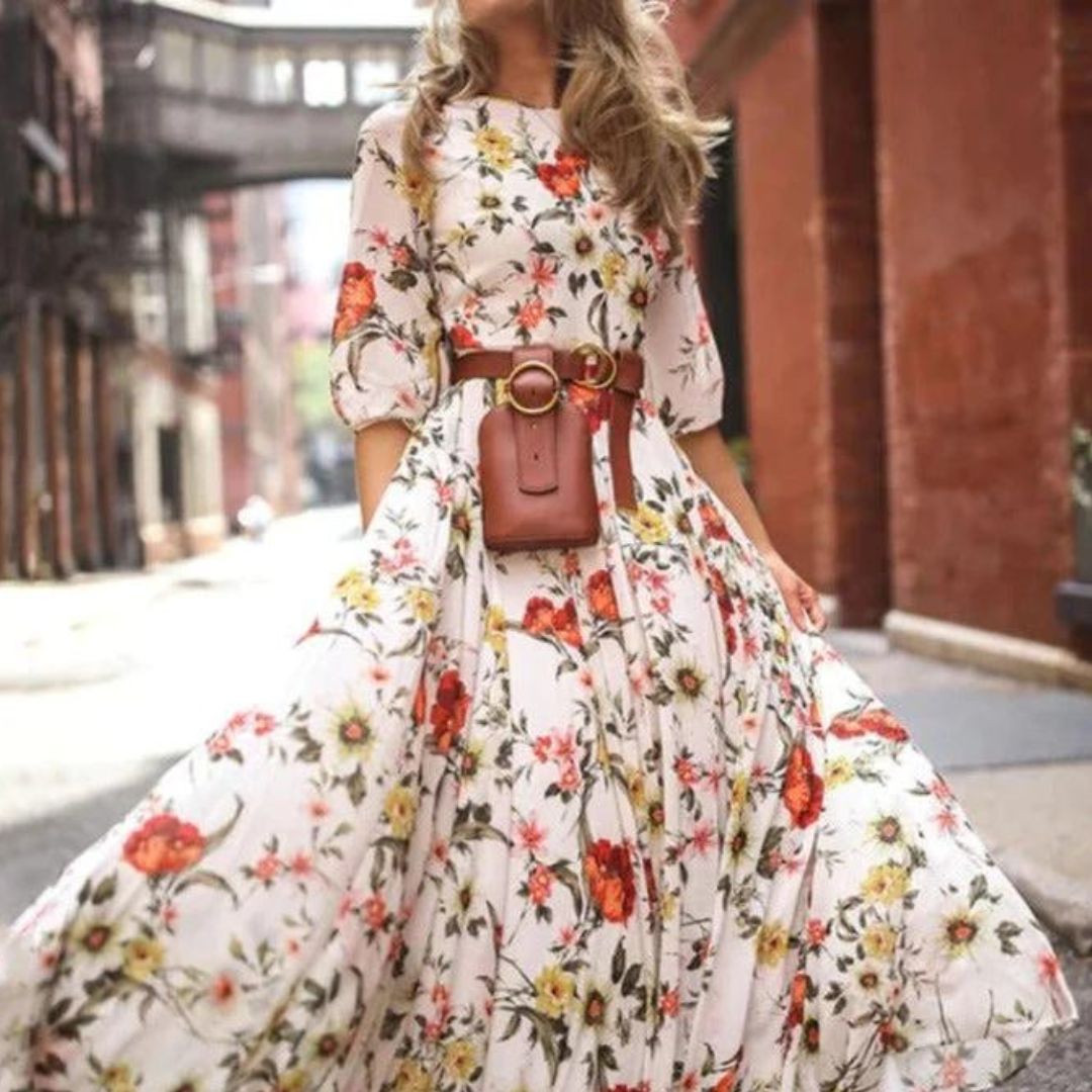 Belted Maxi Dress with 3/4 Sleeves for Women