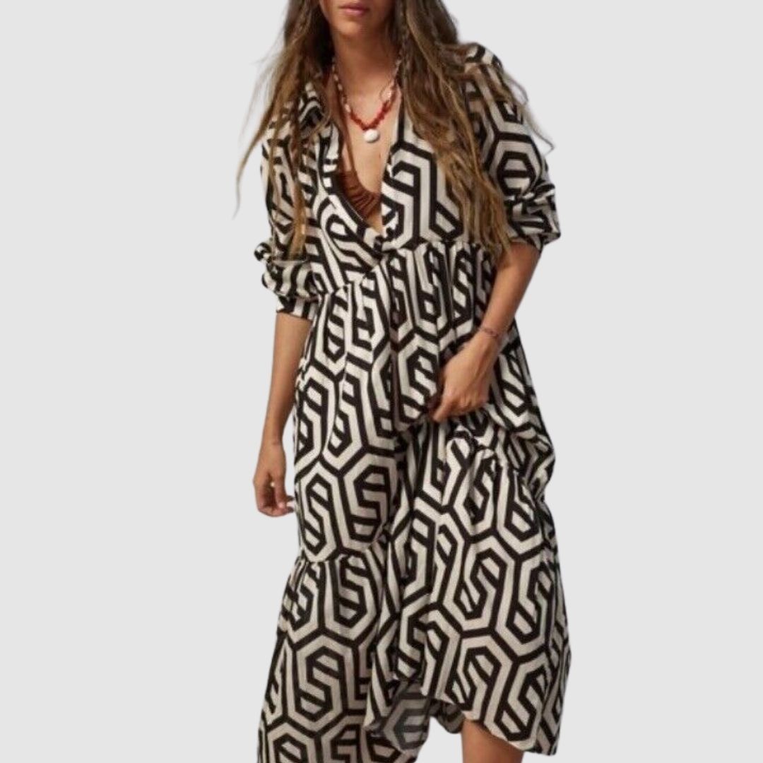 Soft Midi Dress with V-Neck and Geometric Print for Women