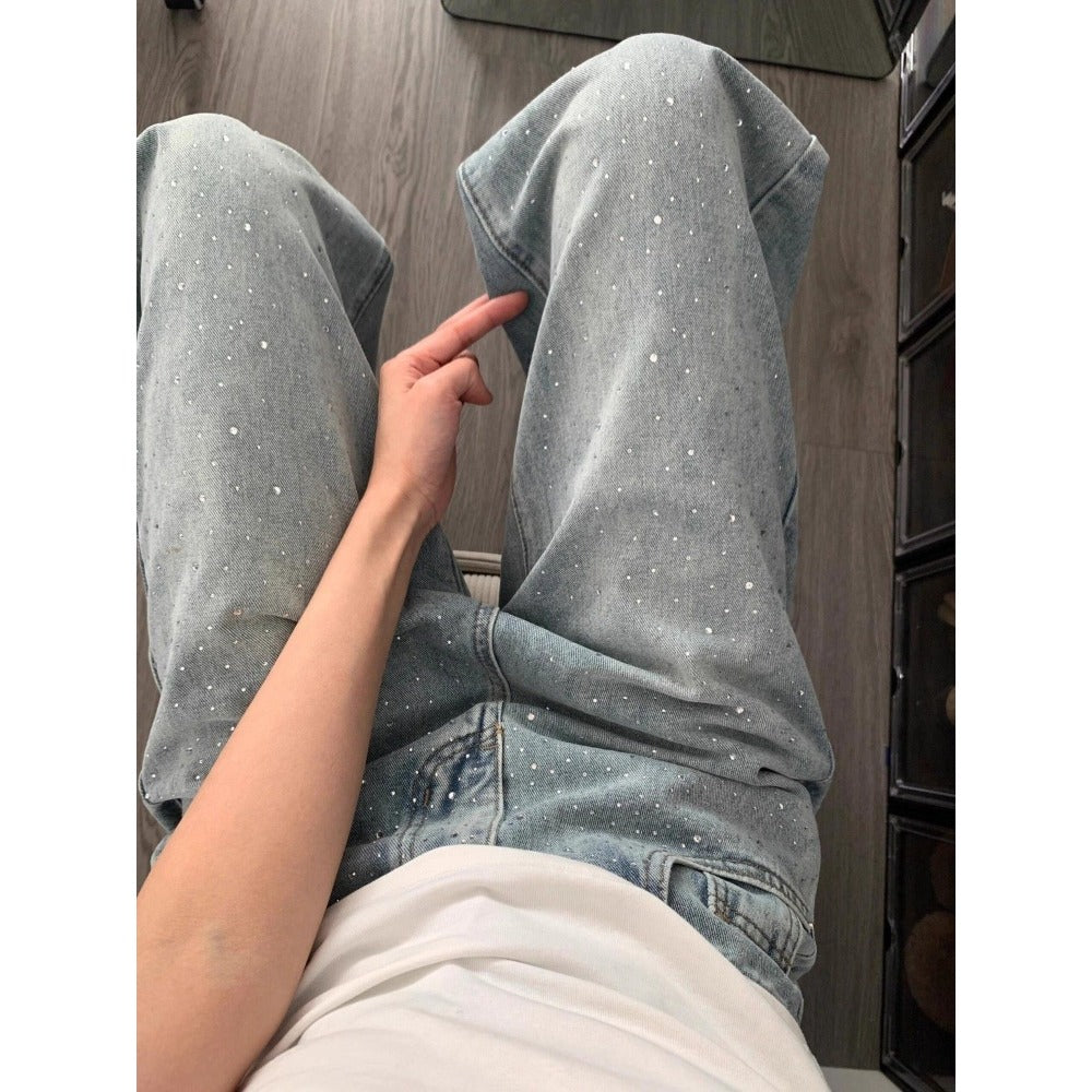 Light Blue Wide Leg Rhinestone Jeans for Women - Tonia