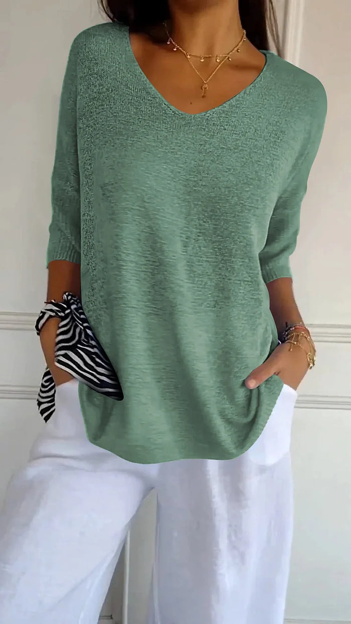 Soft Knit Top with V-Neck and 3/4 Sleeves for Women