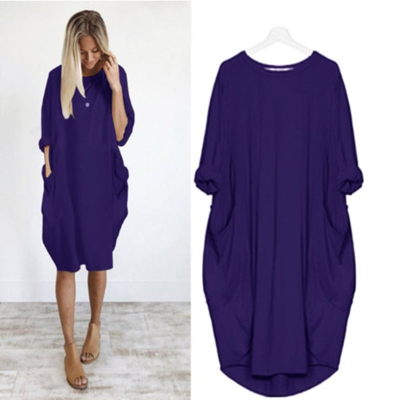 Casual Loose Fit Summer Midi Dress with Crew Neck for Women
