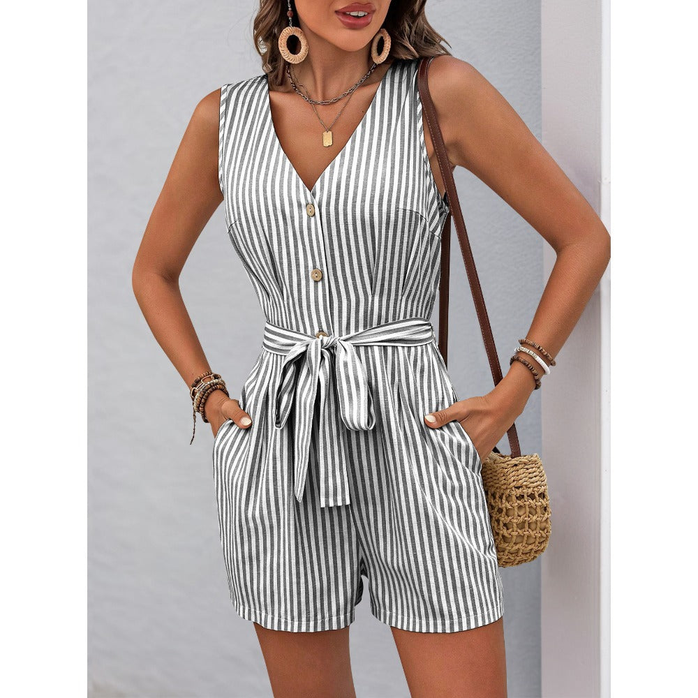 Striped Sleeveless Romper with Tie Waist for Women - Sebastiana