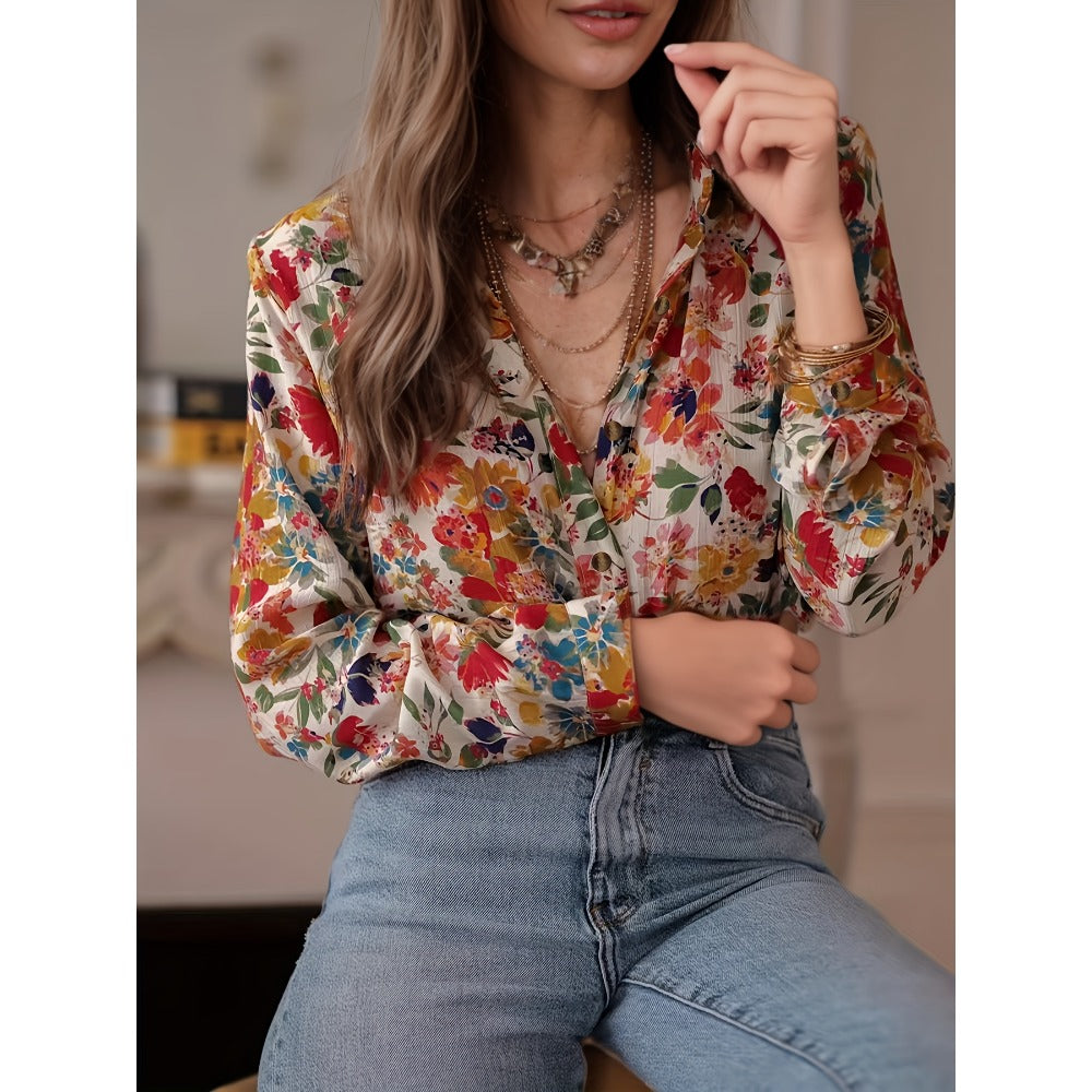 Multicolor Floral Print Long Sleeve Button Shirt for Women - Cecilia