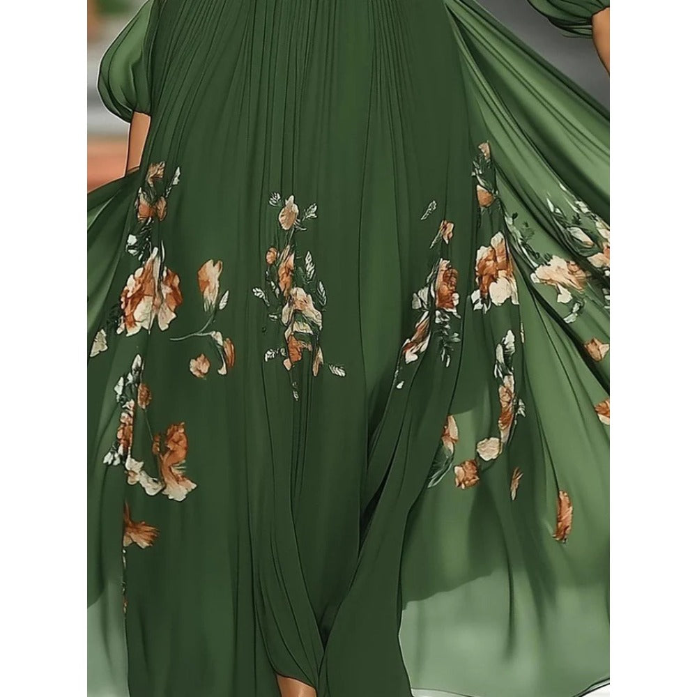Green Floral Off Shoulder Maxi Dress with Long Sleeves for Women - Renata