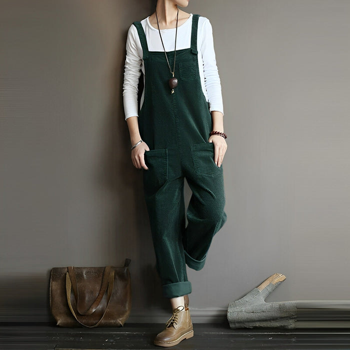 Retro Casual Corduroy Overall Jumpsuit with Pockets for Women