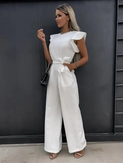 Wide Leg Jumpsuit with Ruffle Sleeves for Women
