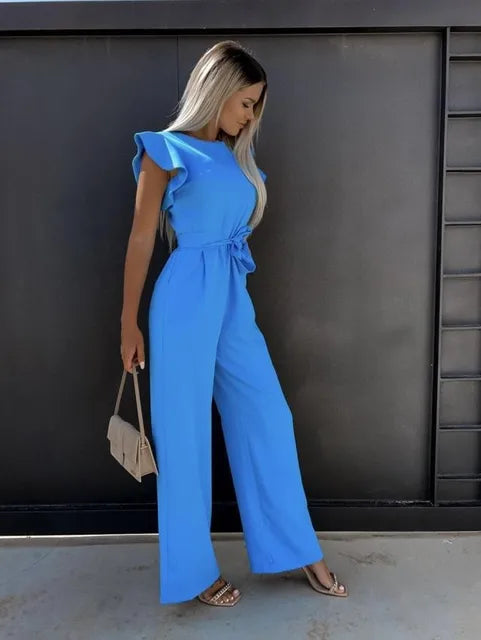 Wide Leg Jumpsuit with Ruffle Sleeves for Women