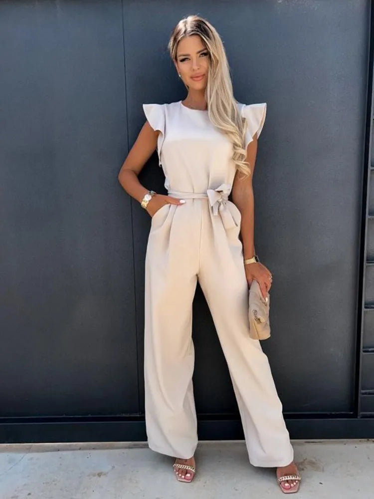 Wide Leg Jumpsuit with Ruffle Sleeves for Women