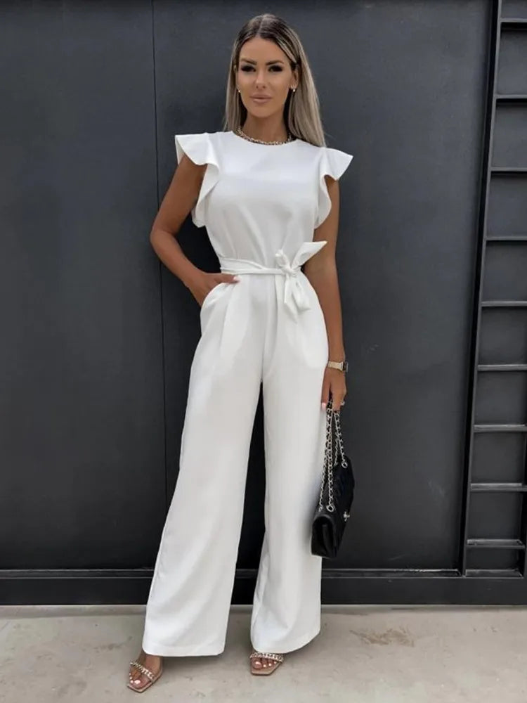 Wide Leg Jumpsuit with Ruffle Sleeves for Women