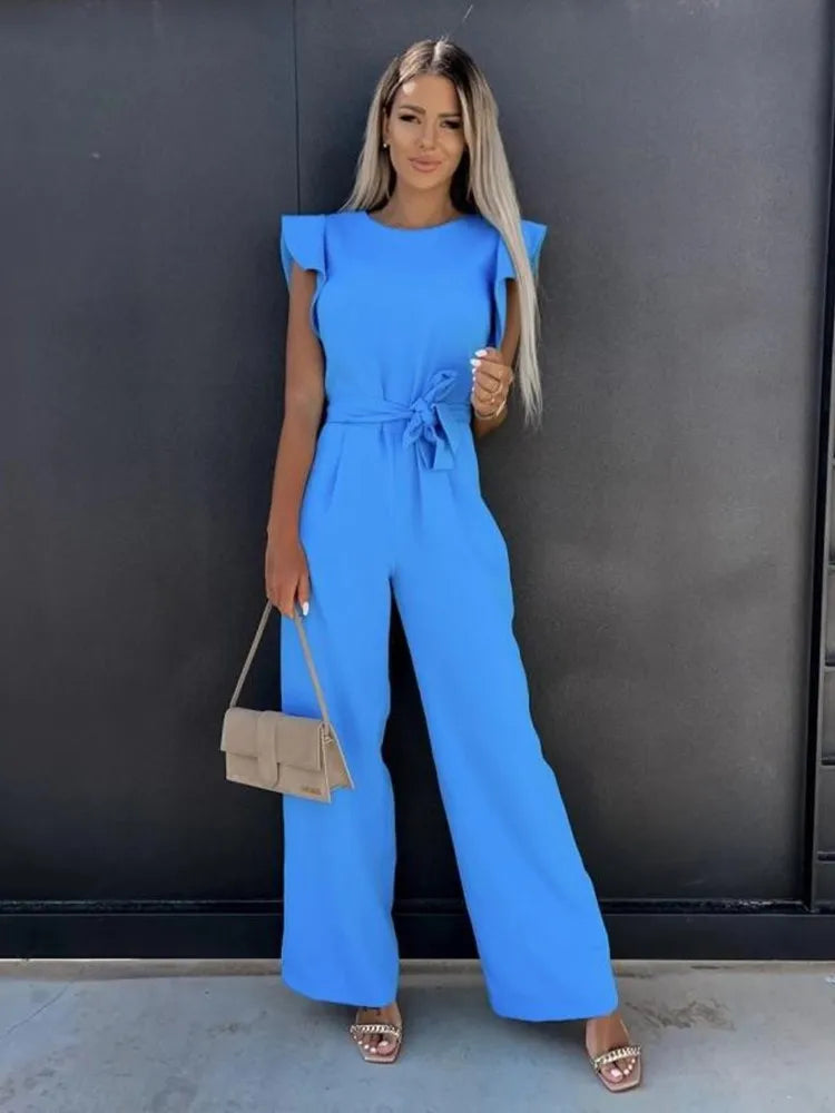 Wide Leg Jumpsuit with Ruffle Sleeves for Women