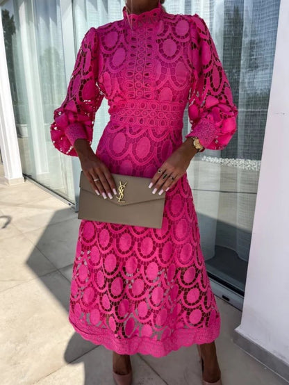 Party Lace High Neck Dress | Puff Sleeves