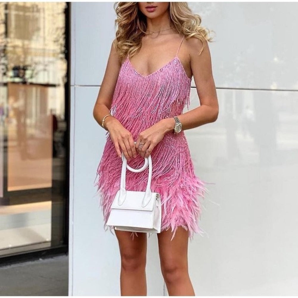 Sequin Fringe Mini Dress with Feathers for Women - Emma
