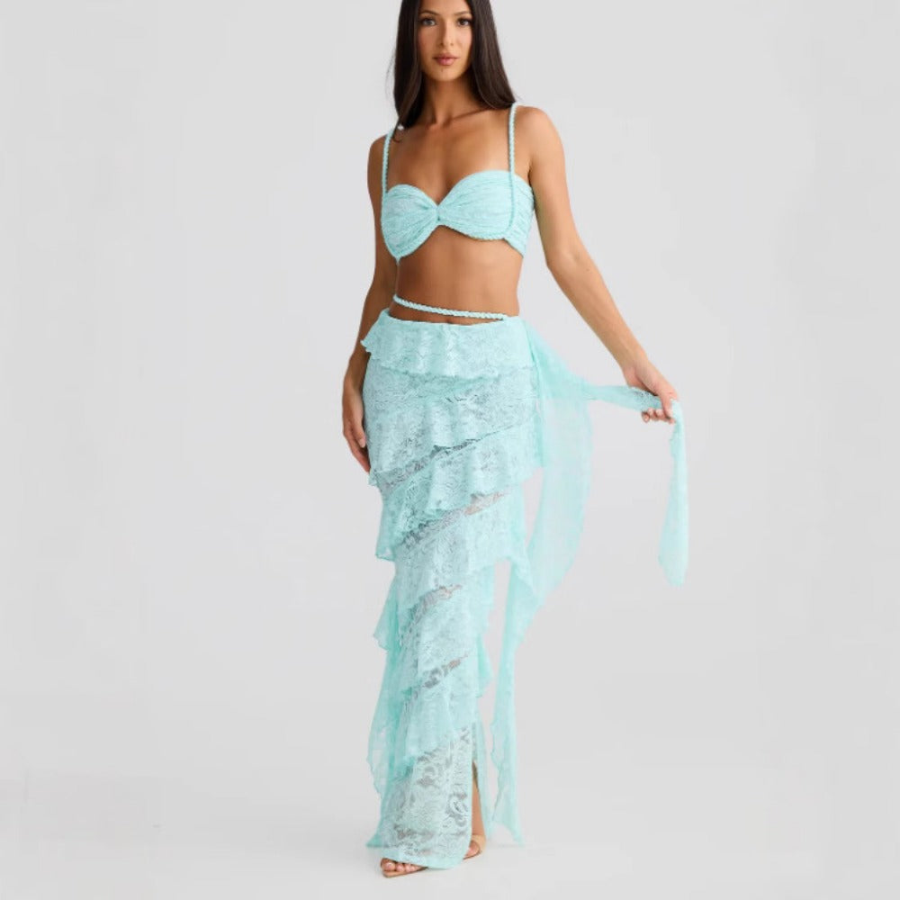 Lace Crop Top and Ruffled Skirt Set for Women - Licia