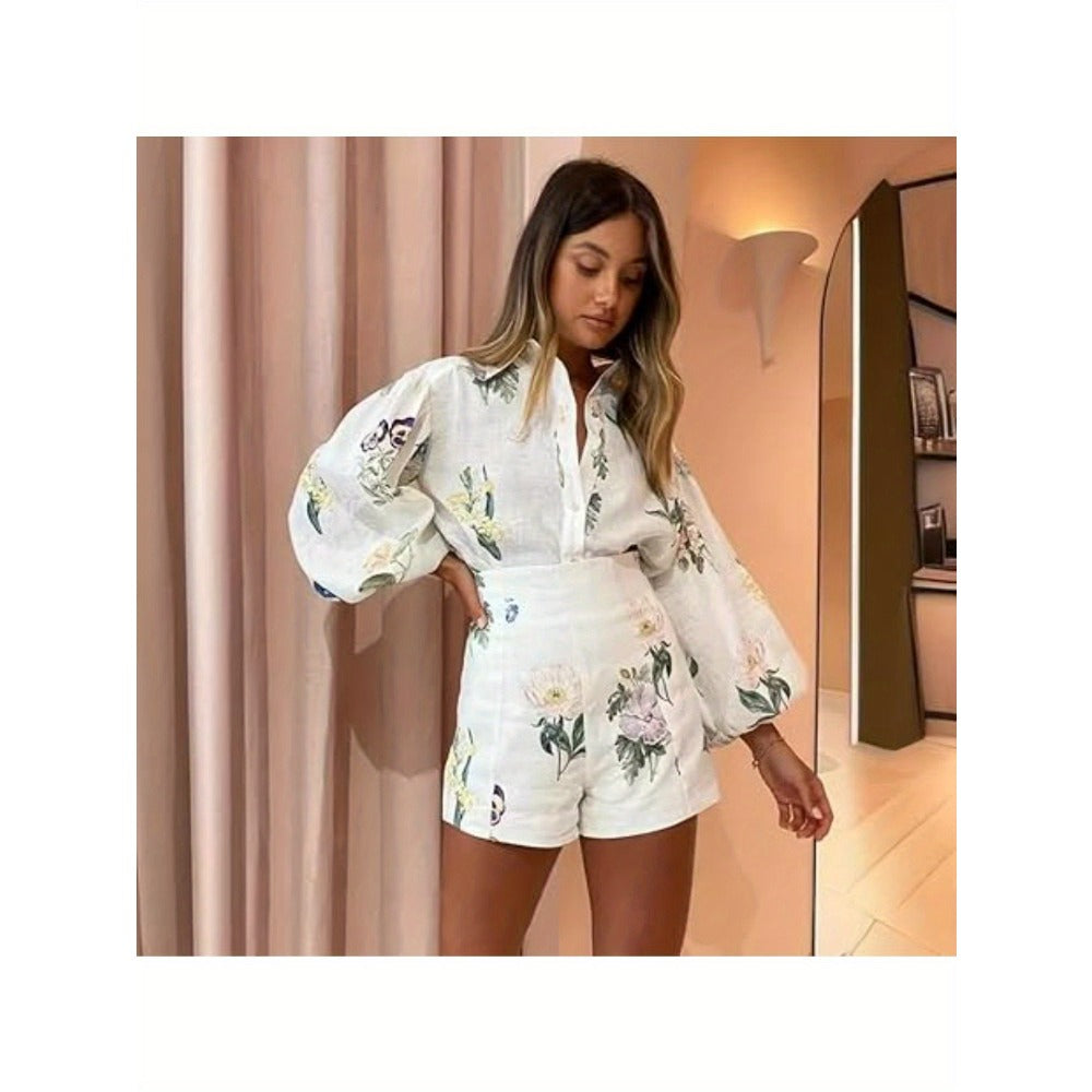 White Floral Print Long Sleeve Shorts Set for Women - Giovanna