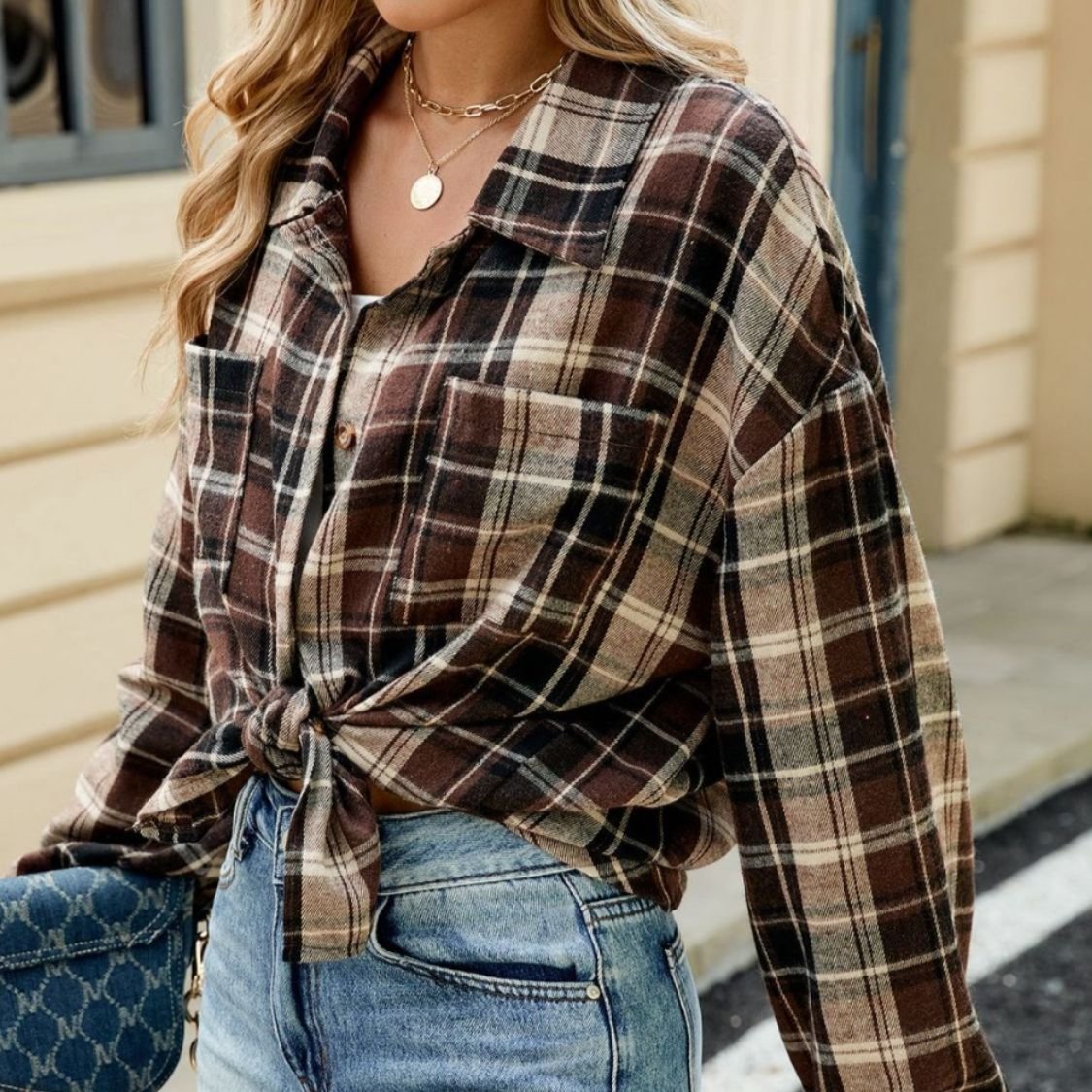 Casual Plaid Button Front Shirt with Chest Pockets for Women