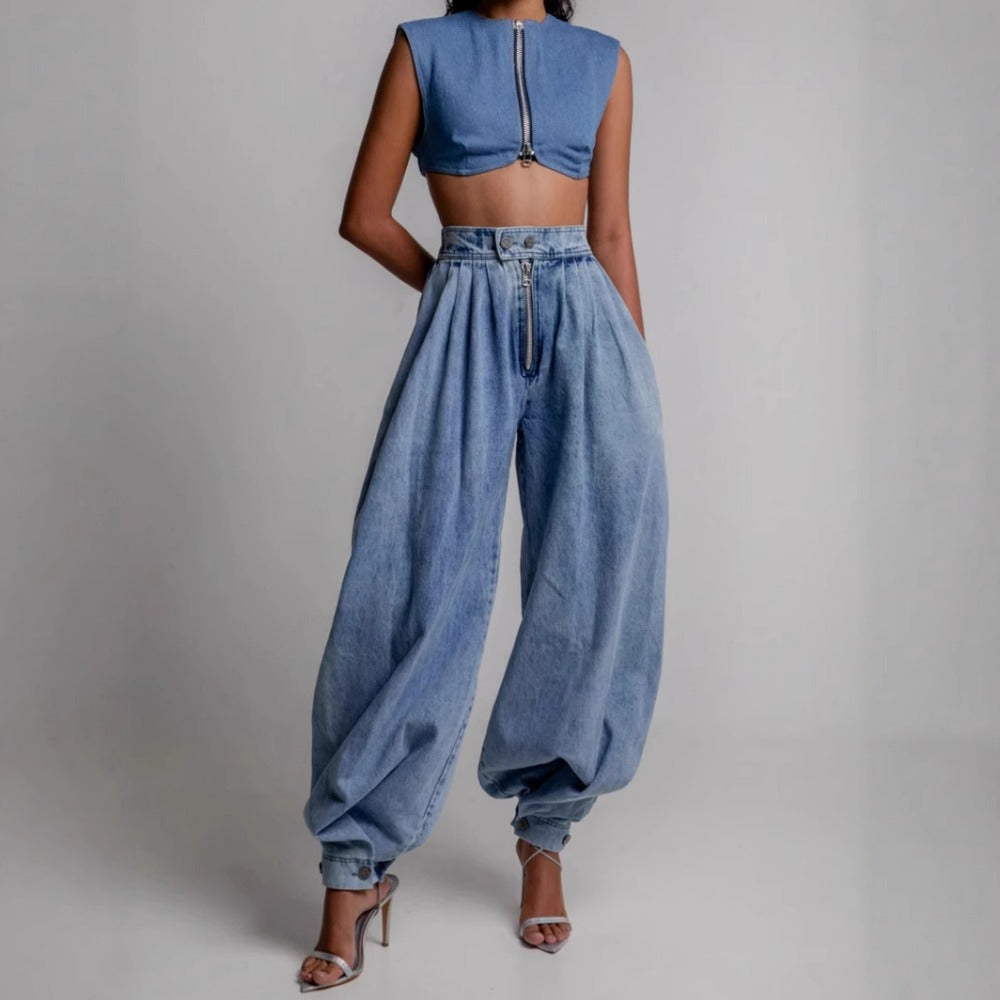 Light Blue Wide Leg High Waist Jeans for Women - Carla