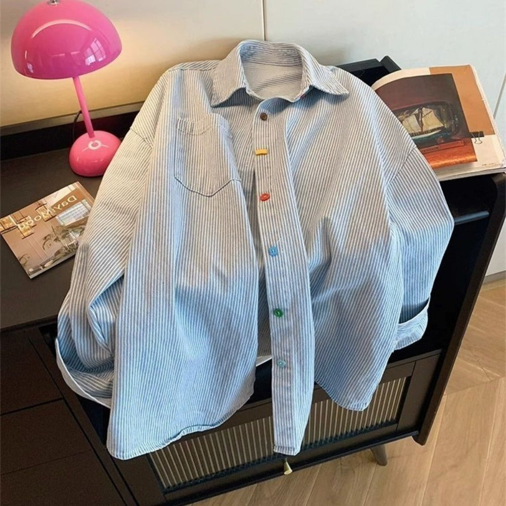 Light Blue Striped Button Down Shirt for Women - Eugenia