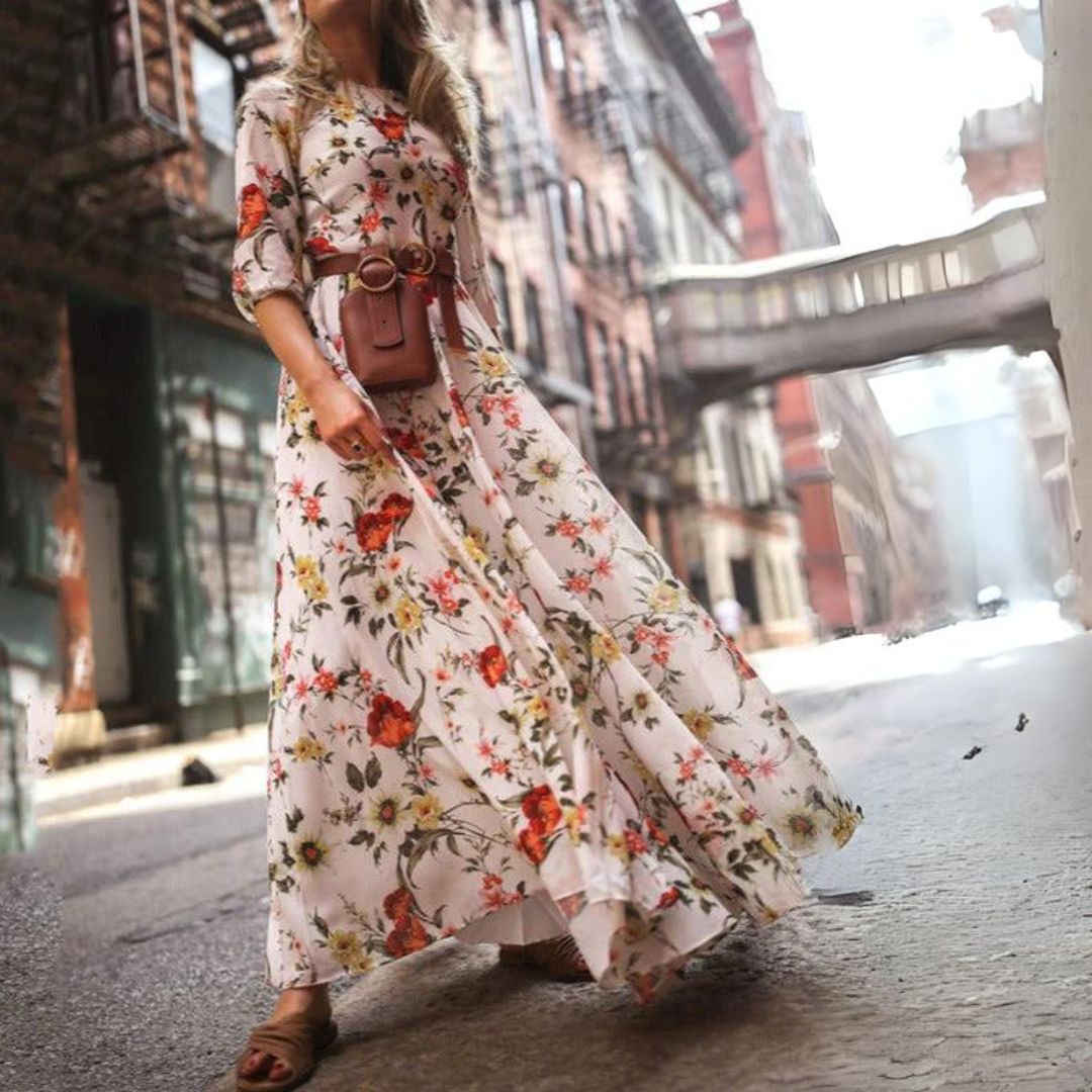 Belted Maxi Dress with 3/4 Sleeves for Women