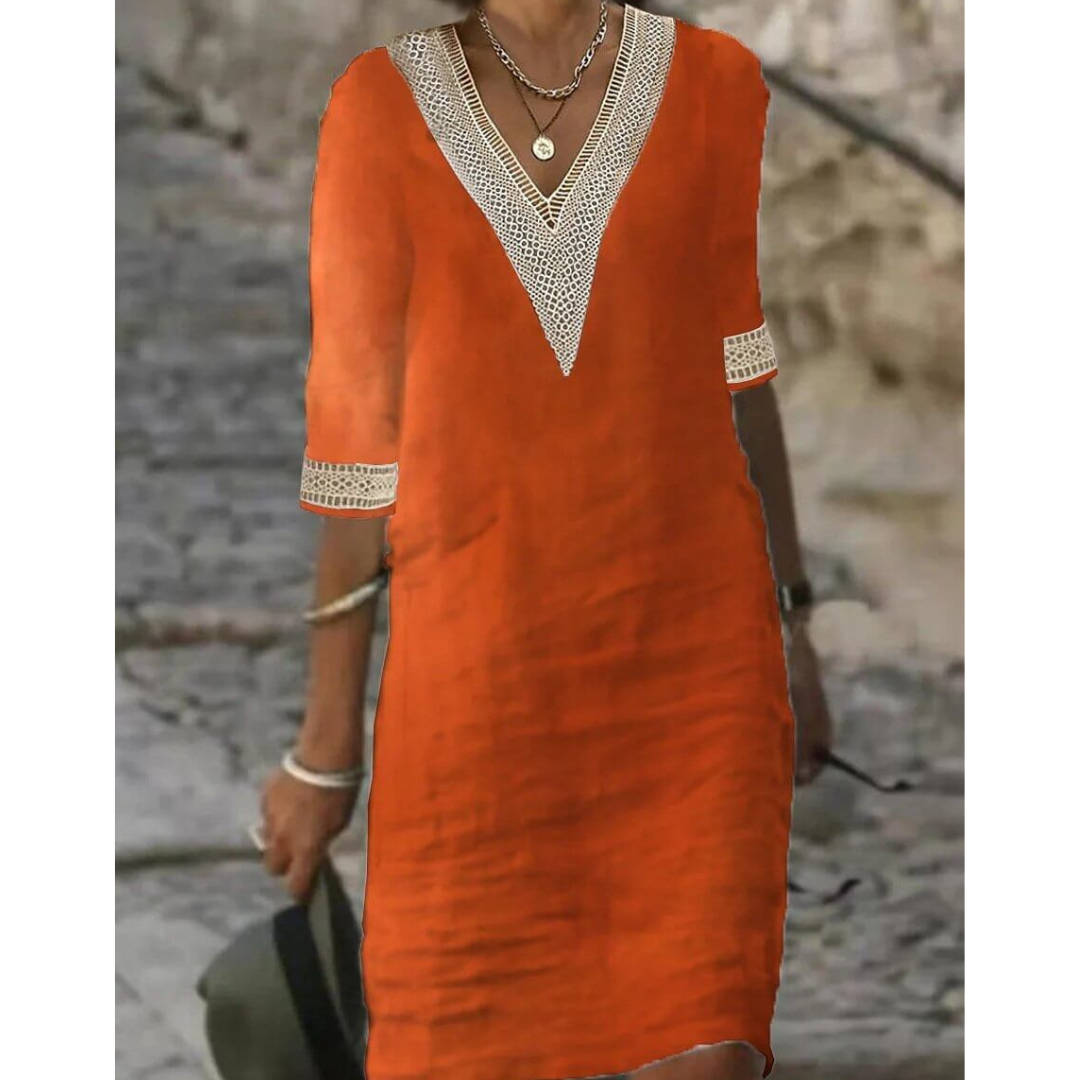 Boho V-Neck Midi Dress with Half Sleeves for Women