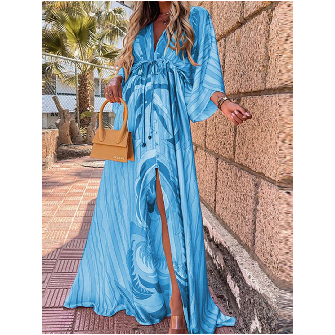 Colorful V-Neck Maxi Dress with Side Slit for Women | Elegant Summer Style