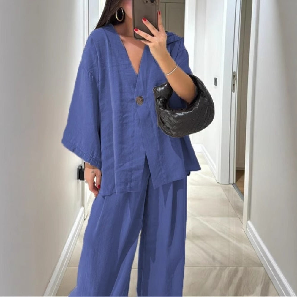 V-Neck Wide Leg Two Piece Pants Set for Women - Rebecca