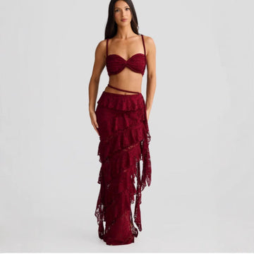 Lace Crop Top and Ruffled Skirt Set for Women - Licia