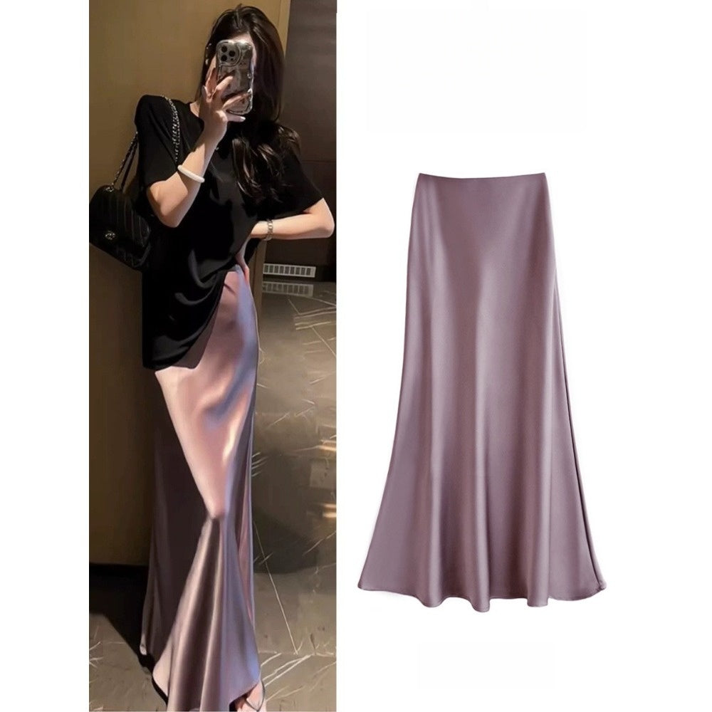 Satin Maxi Skirt with Elastic Waist for Women - Alda